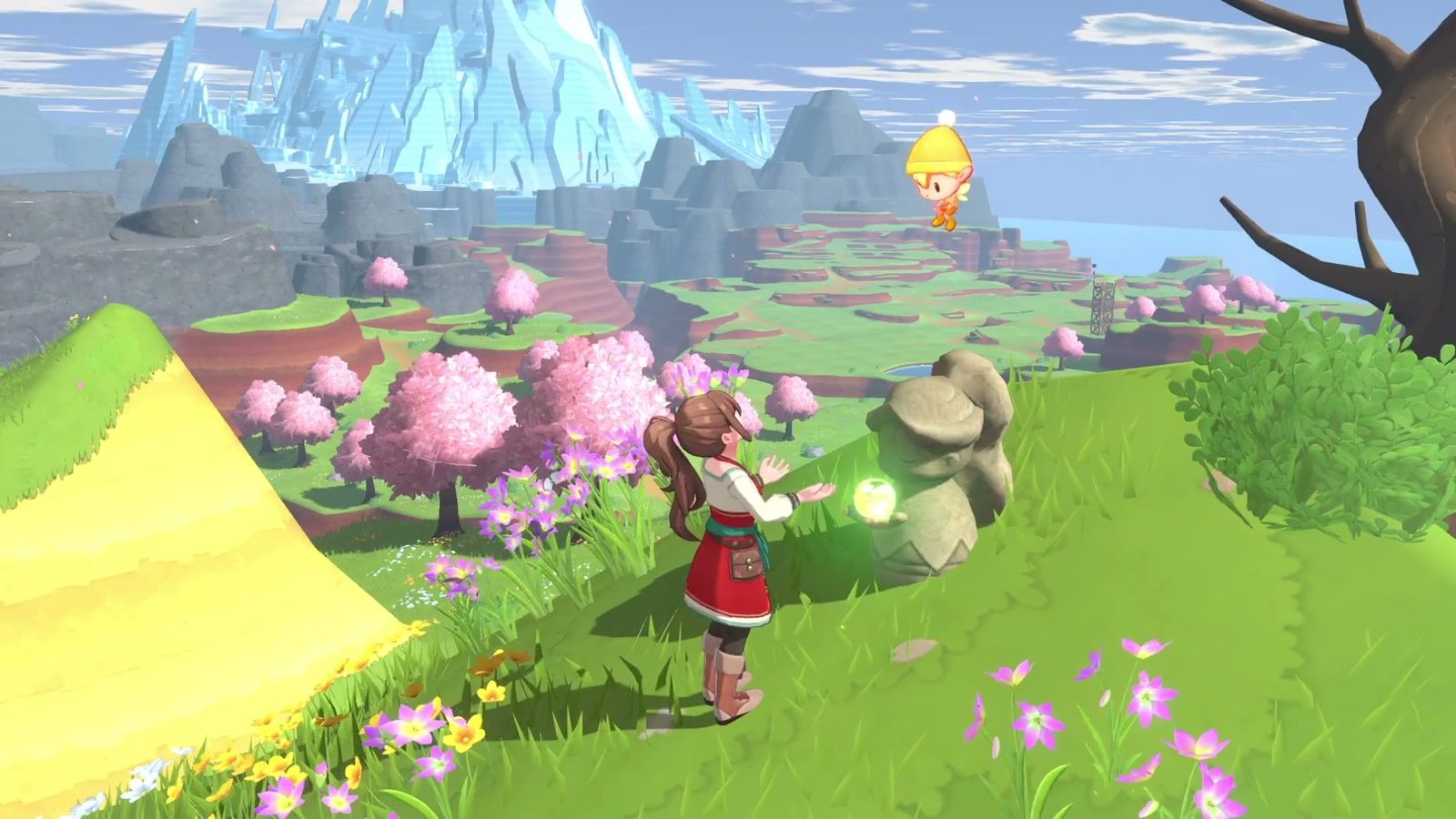 Official trailer frame: the player crossing a grassy hill above the Teradea valleys