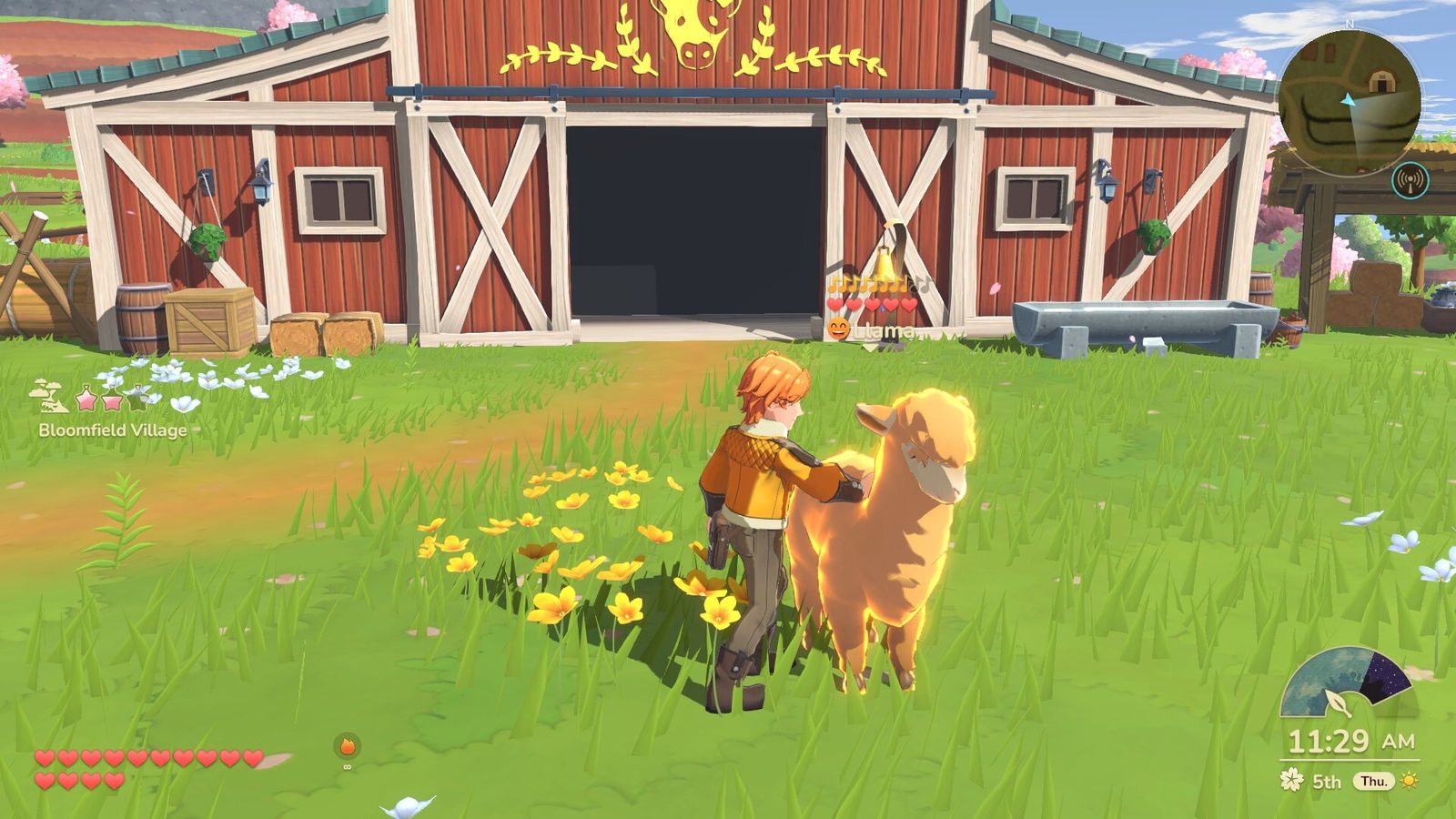Official Steam store screenshot: the farm at Bloomfield Village with sheep and a red barn