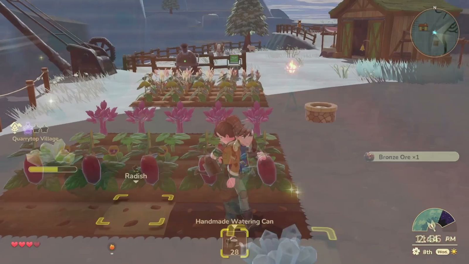 Official trailer frame: the player tending a radish crop with a watering can