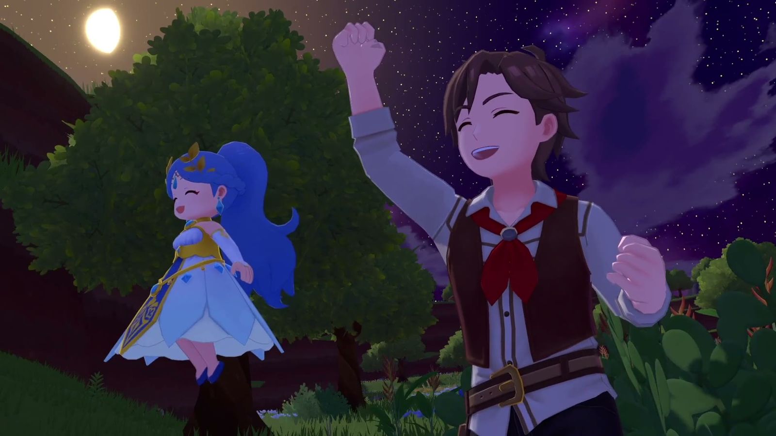Official trailer frame: two characters standing together in the forest