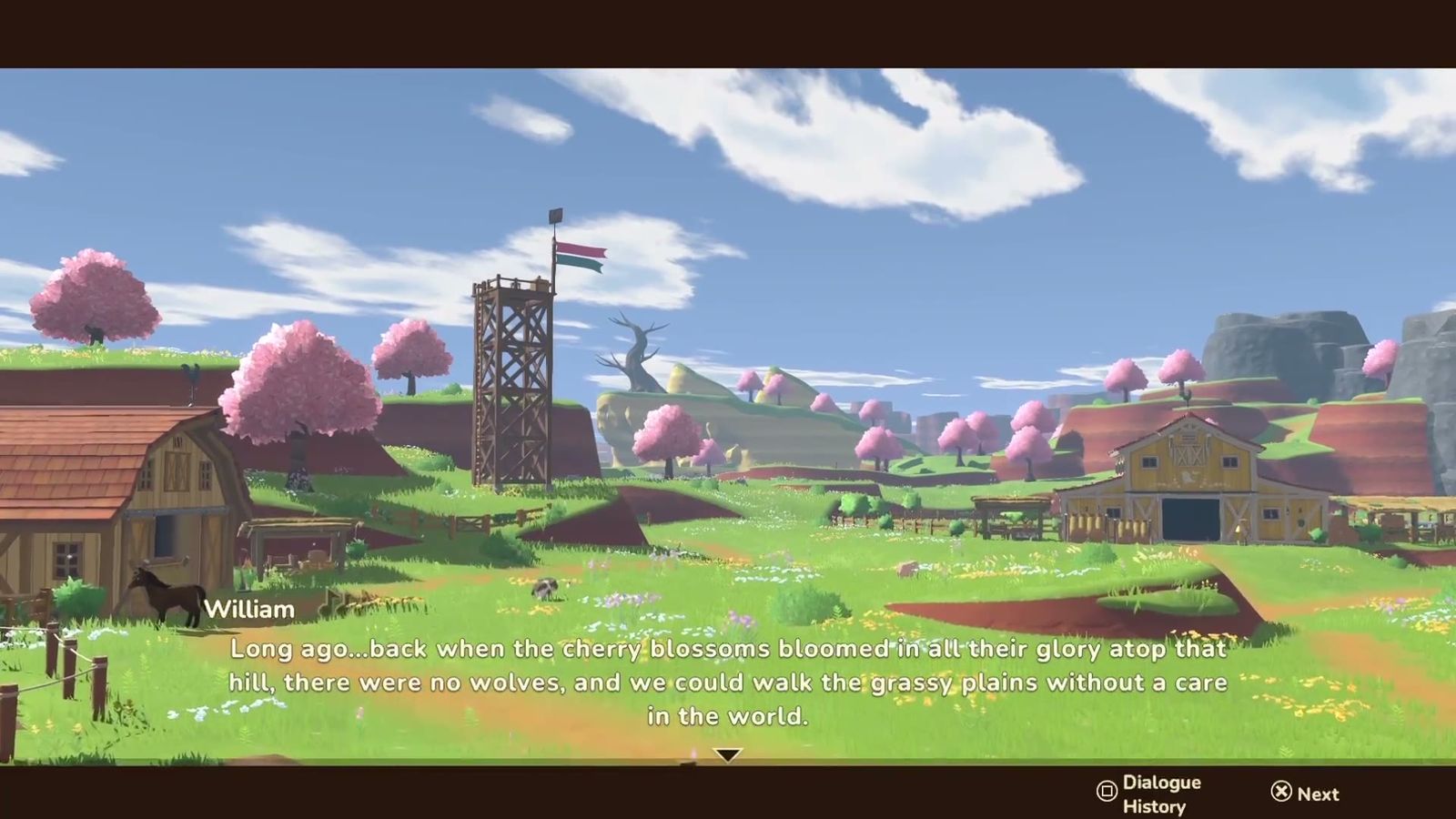 Official trailer frame: rolling countryside, barns and the wooden watchtower above Bloomfield