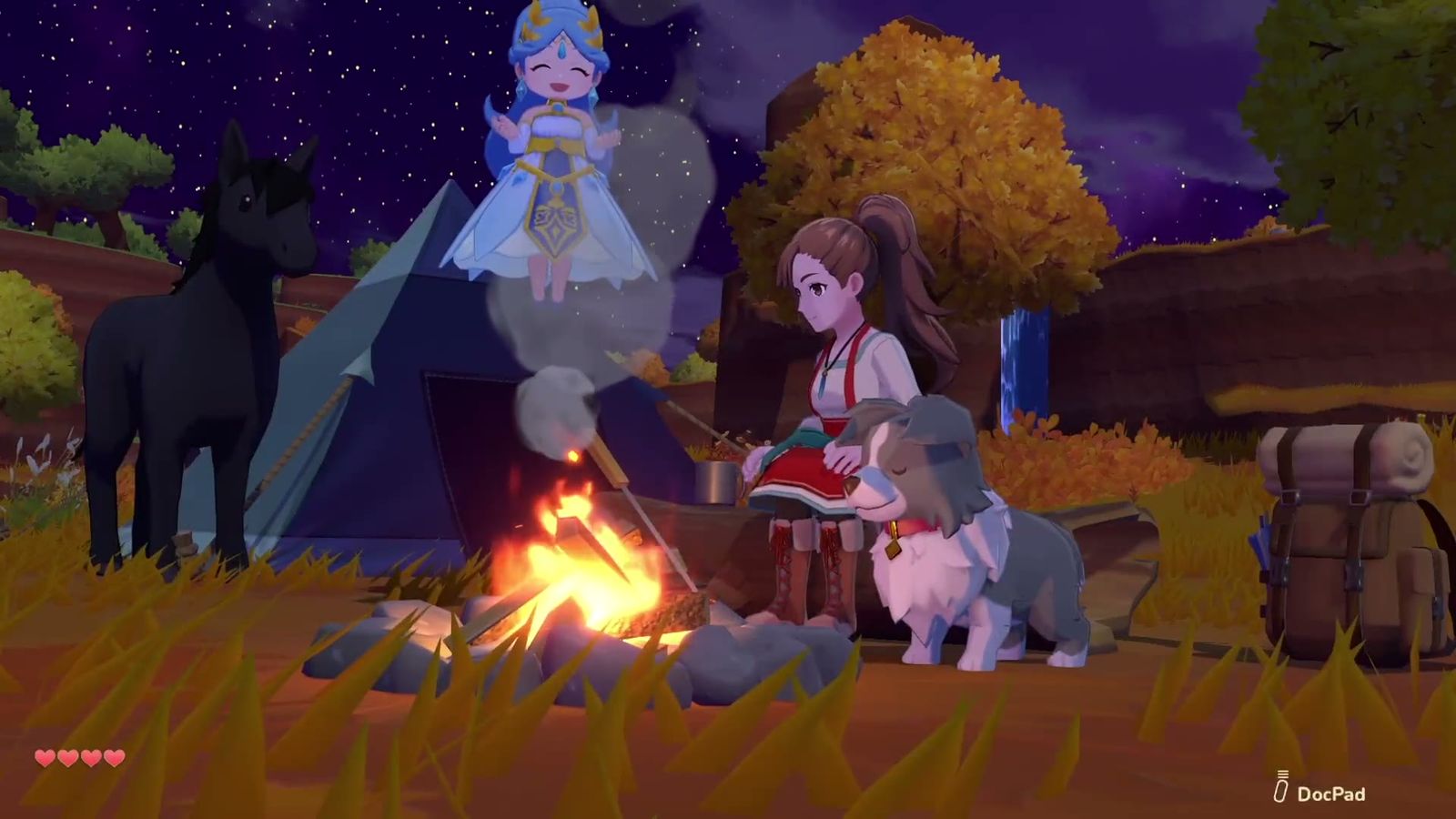 Official trailer frame: characters and animals gathered around a campfire at night