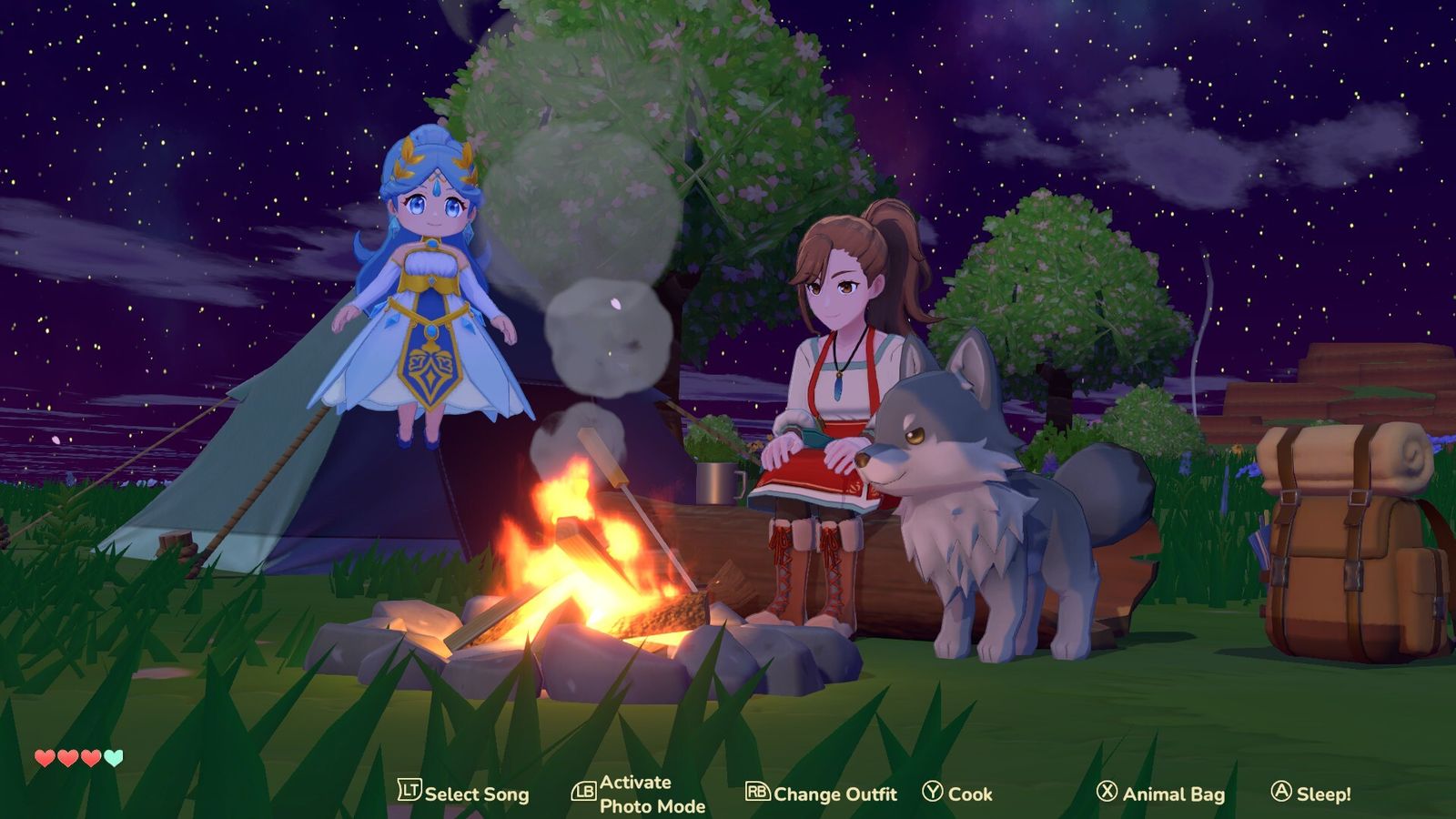 Official Steam store screenshot: a campsite at night with a wolf in the firelight