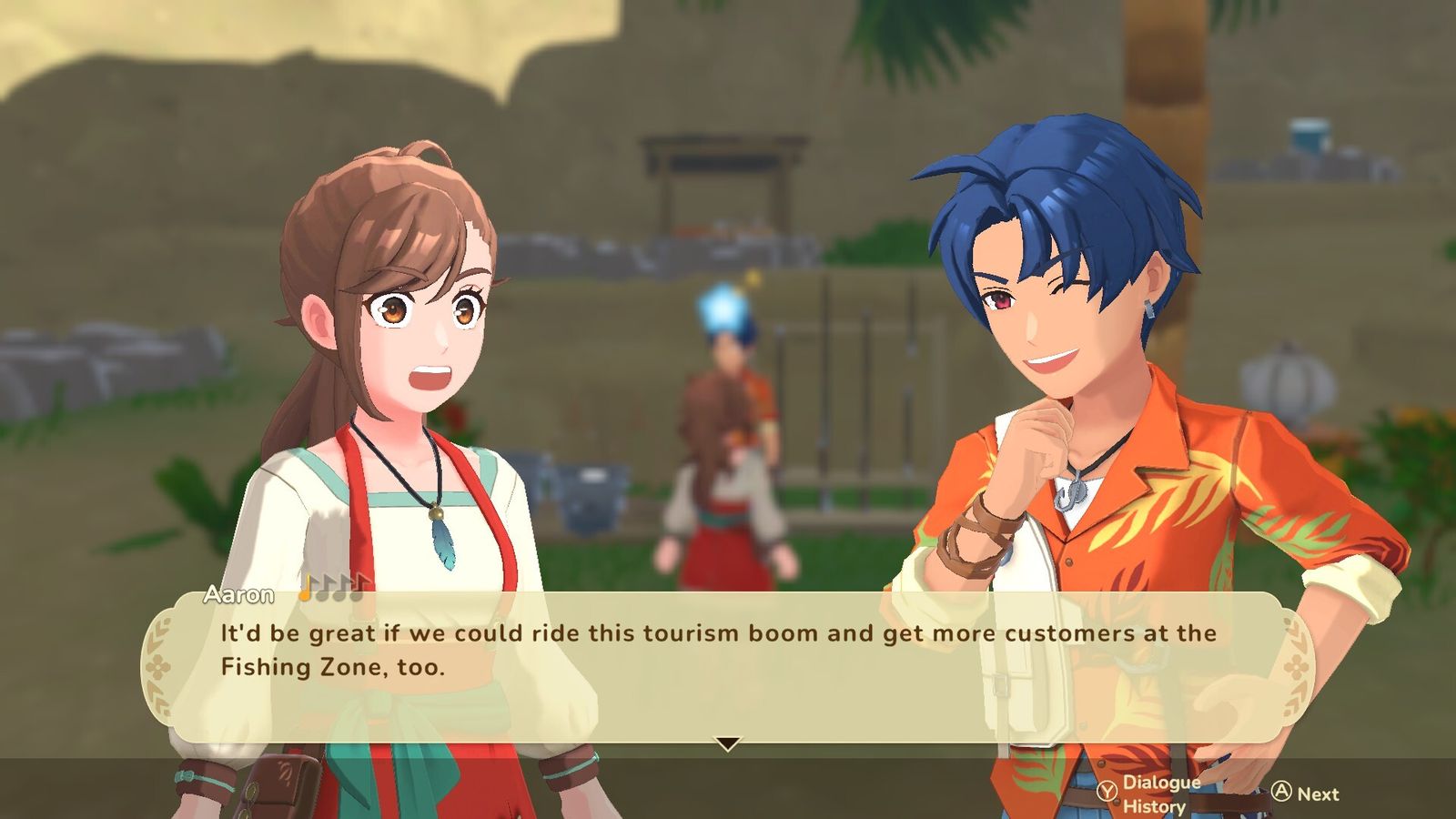 Official Steam store screenshot: villagers in conversation in a Teradea town